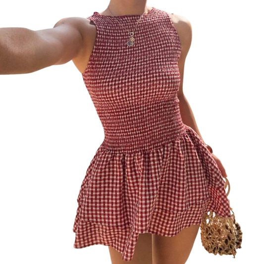 Women's Plaid Off-Shoulder Puff Mini Dress in Red – front view | Hensley London