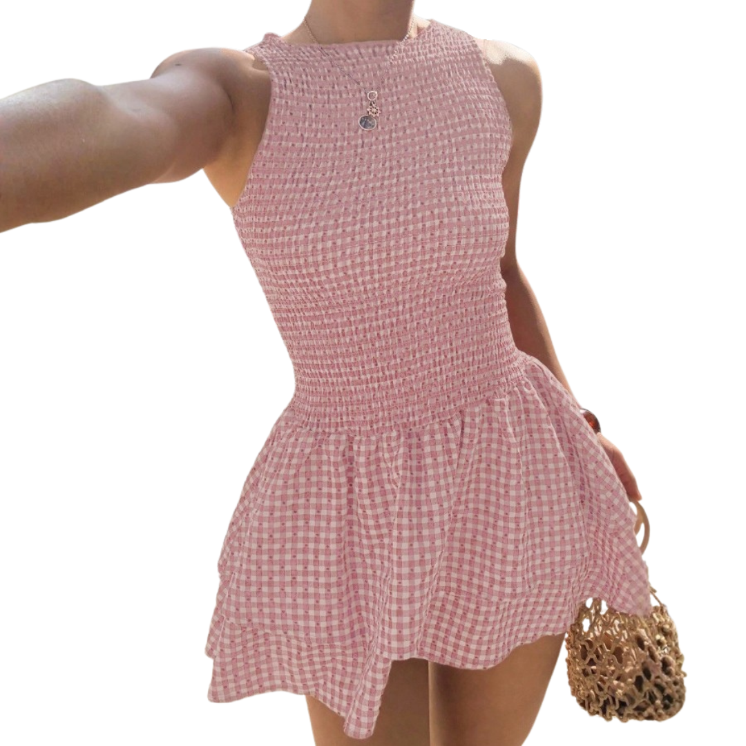 Women's Plaid Off-Shoulder Puff Mini Dress in Pink – front view | Hensley London