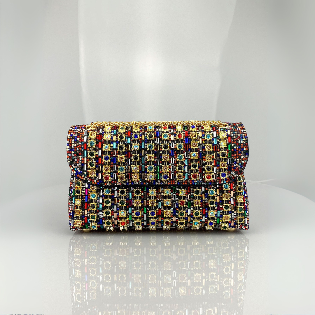 Women's Quilted Diamond Chain Shoulder Bag in Multicolor – front view | Hensley London