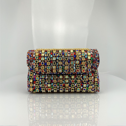 Women's Quilted Diamond Chain Shoulder Bag in Multicolor – front view | Hensley London