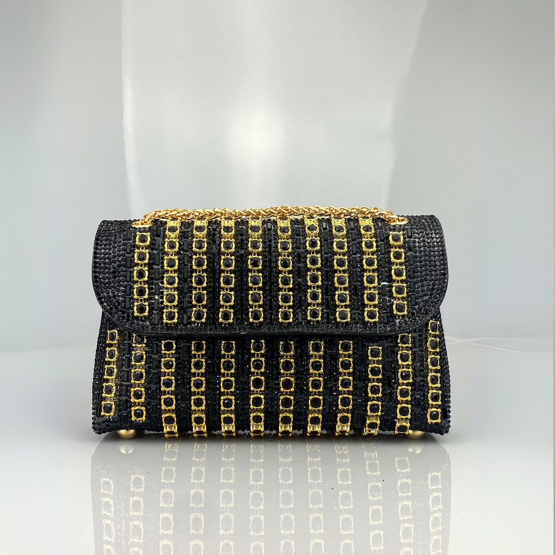Women's Quilted Diamond Chain Shoulder Bag in Gold – front view | Hensley London