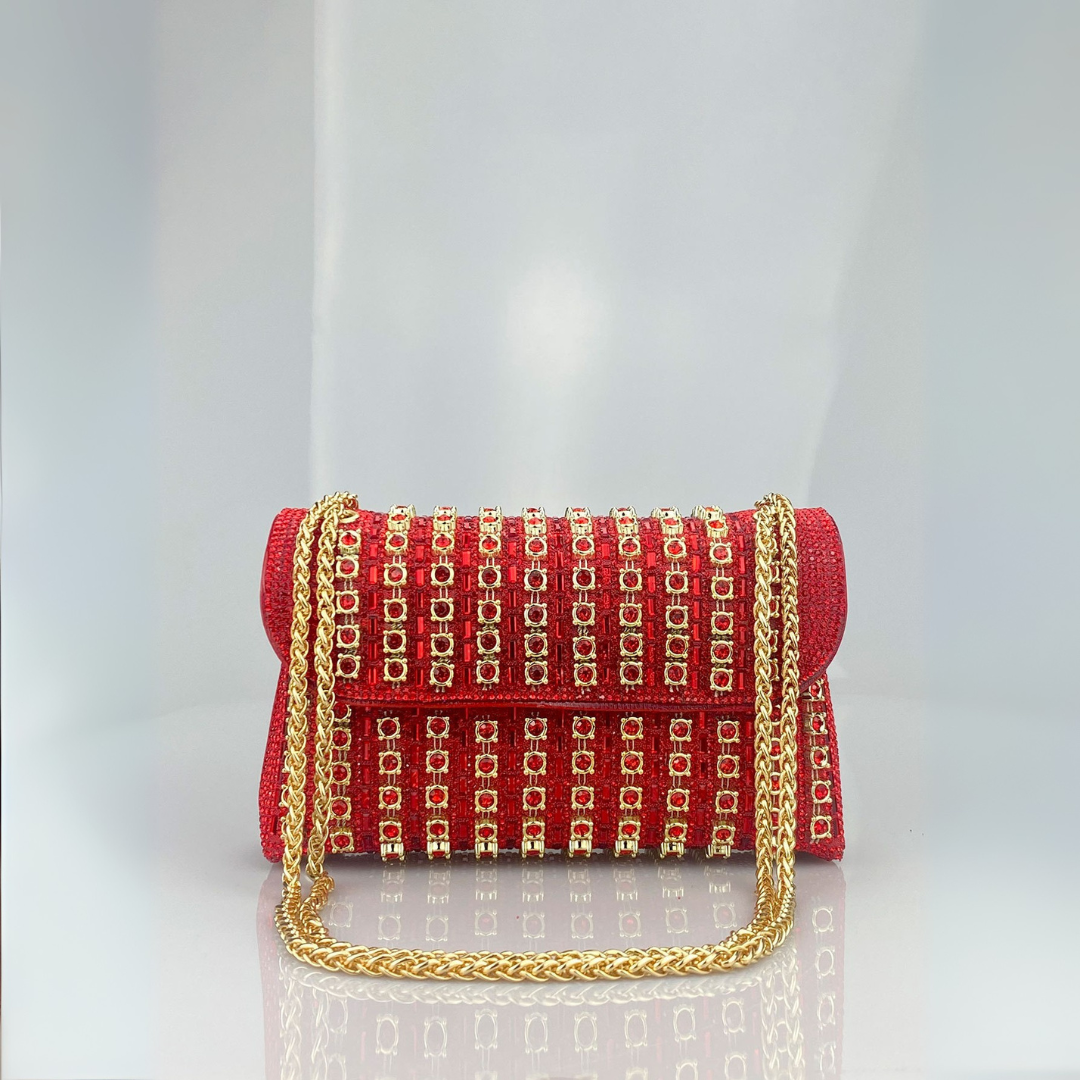 Women's Quilted Diamond Chain Shoulder Bag in Red – front view | Hensley London