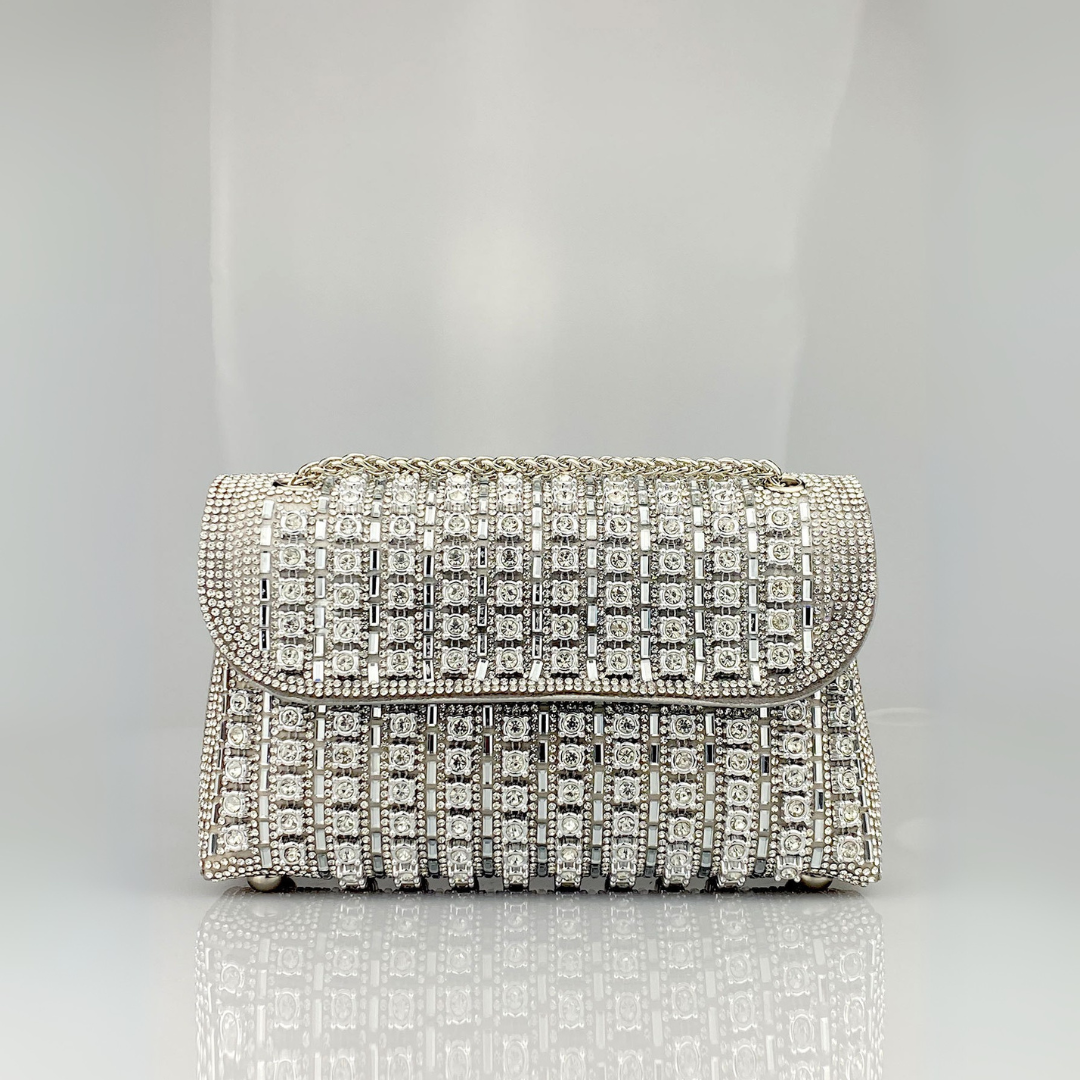 Women's Quilted Diamond Chain Shoulder Bag in Sky Blue – front view | Hensley London