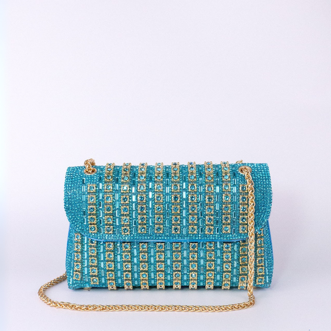 Women's Quilted Diamond Chain Shoulder Bag in Blue – front view | Hensley London
