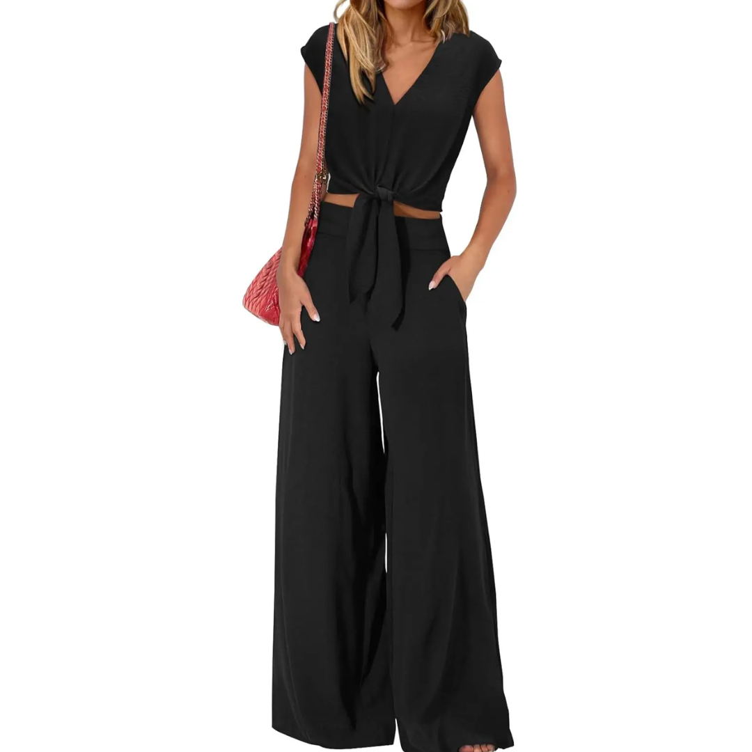 Women's Breezy V-Neck Crop Top & Wide-Leg Pants Set in Black – front view | Hensley London