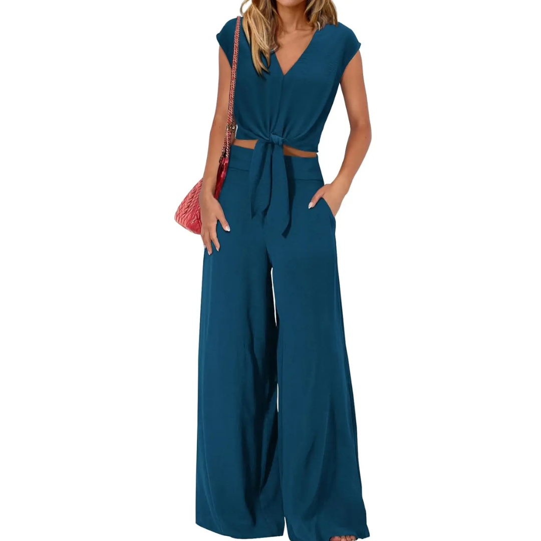 Women's Breezy V-Neck Crop Top & Wide-Leg Pants Set in Teal – front view | Hensley London