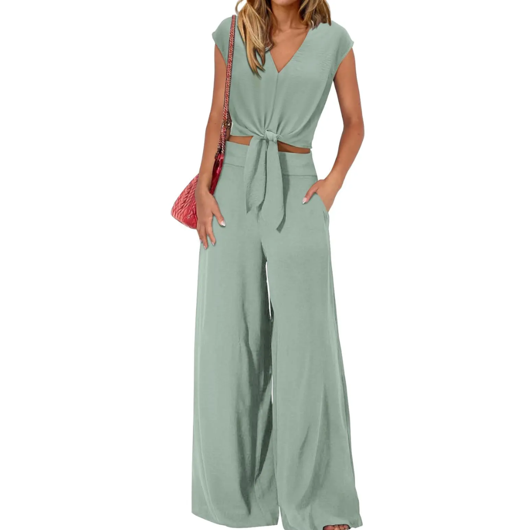 Women's Breezy V-Neck Crop Top & Wide-Leg Pants Set in Light Green – front view | Hensley London