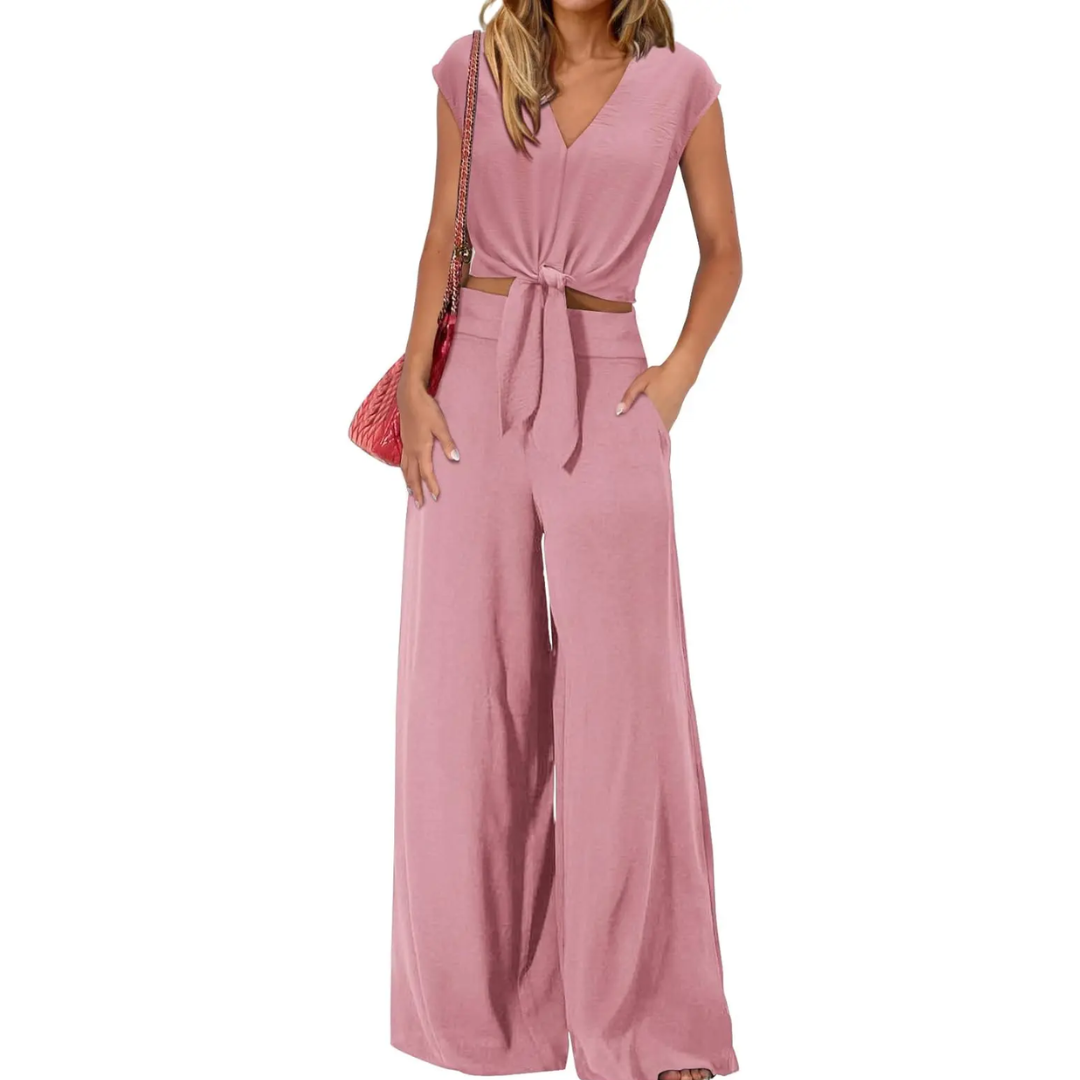Women's Breezy V-Neck Crop Top & Wide-Leg Pants Set in Pink – front view | Hensley London