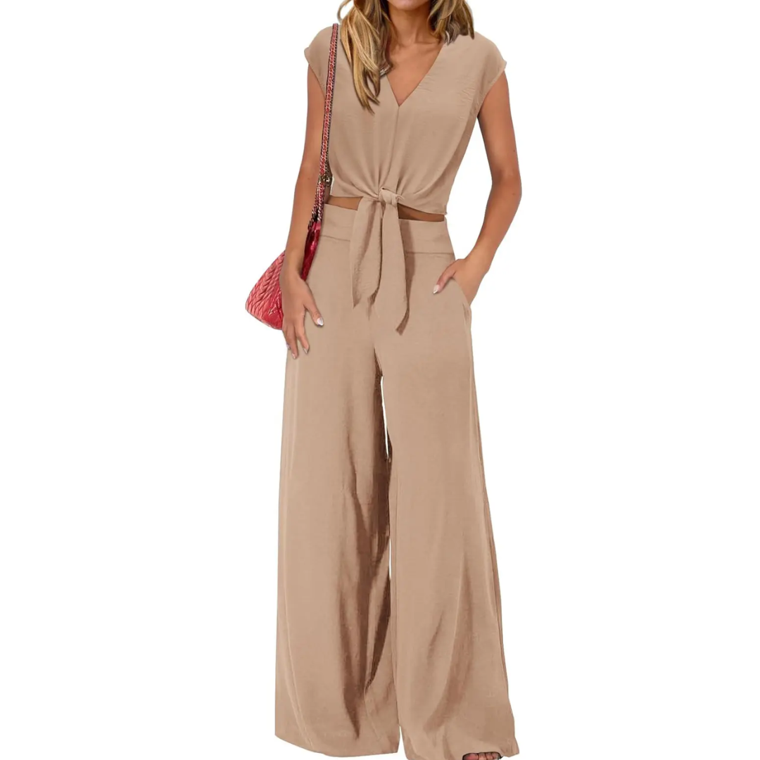 Women's Breezy V-Neck Crop Top & Wide-Leg Pants Set in Khaki – front view | Hensley London