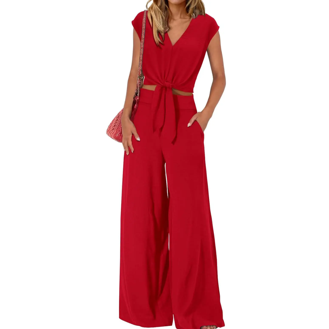 Women's Breezy V-Neck Crop Top & Wide-Leg Pants Set in Red – front view | Hensley London