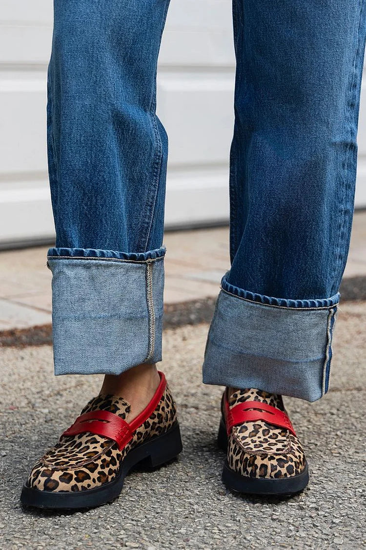 Women's Loafers Leopard Print Faux Leather with Red Details