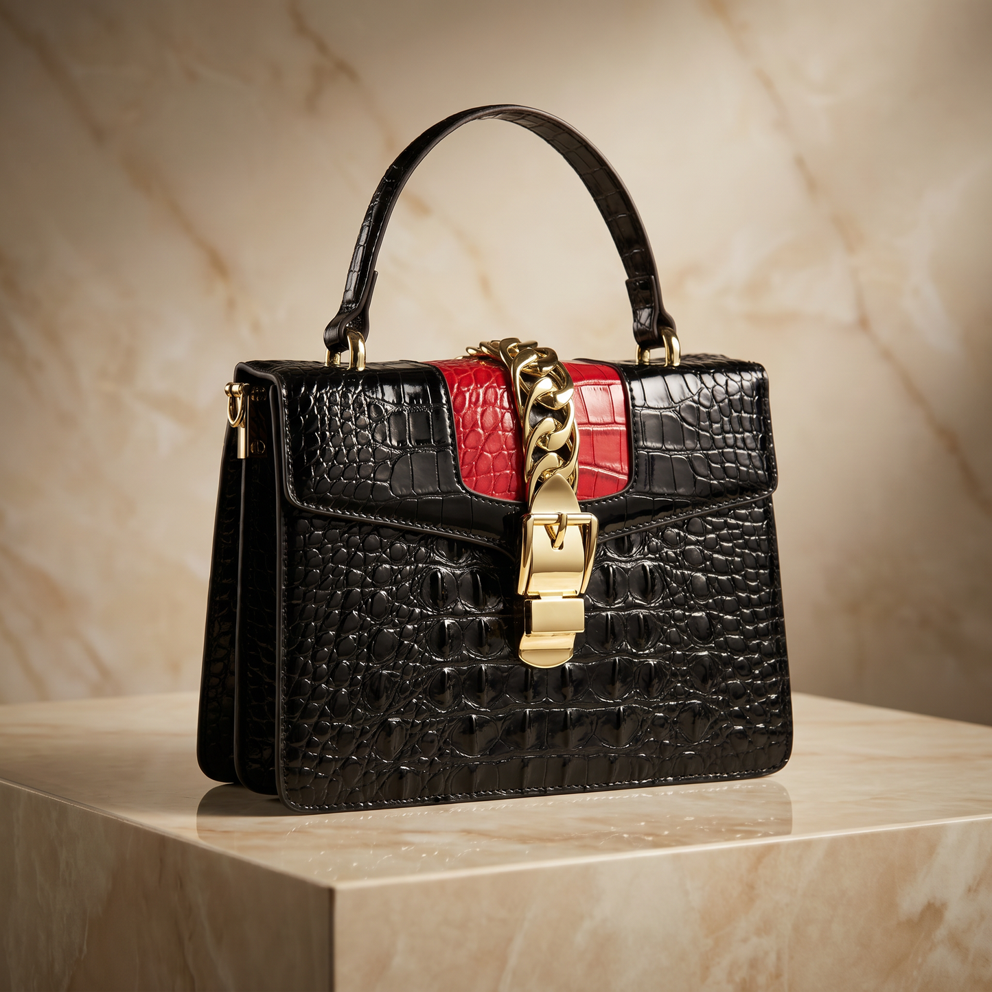 Women's Croc-Embossed Leather Handbag – Polished Gold Hardware