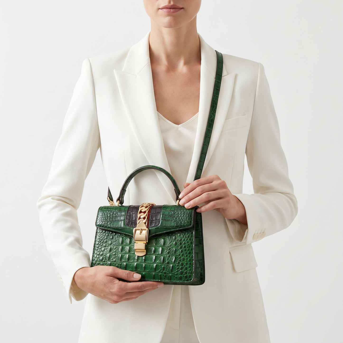 Women's Croc-Embossed Leather Handbag – Polished Gold Hardware