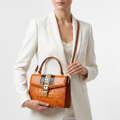 Women's Croc-Embossed Leather Handbag – Polished Gold Hardware