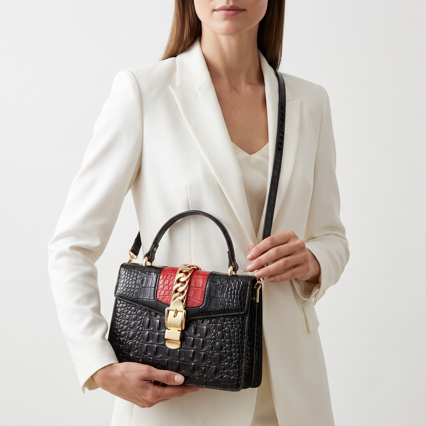 Women's Croc-Embossed Leather Handbag – Polished Gold Hardware