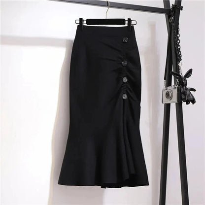 Women's Ruched High-Waist Trumpet Midi Skirt in Classic Black – product view | Hensley London