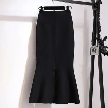 Women's Ruched High-Waist Trumpet Midi Skirt in Classic Black – product view | Hensley London
