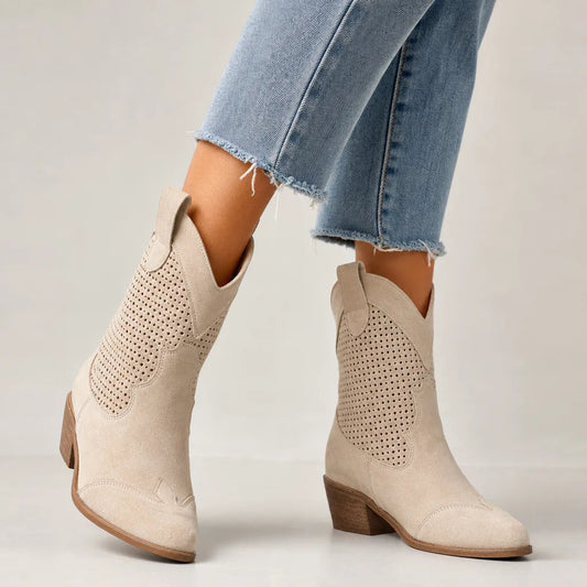 Women's Suede Perforated Mid-Heel Ankle Boots – main view | Hensley London