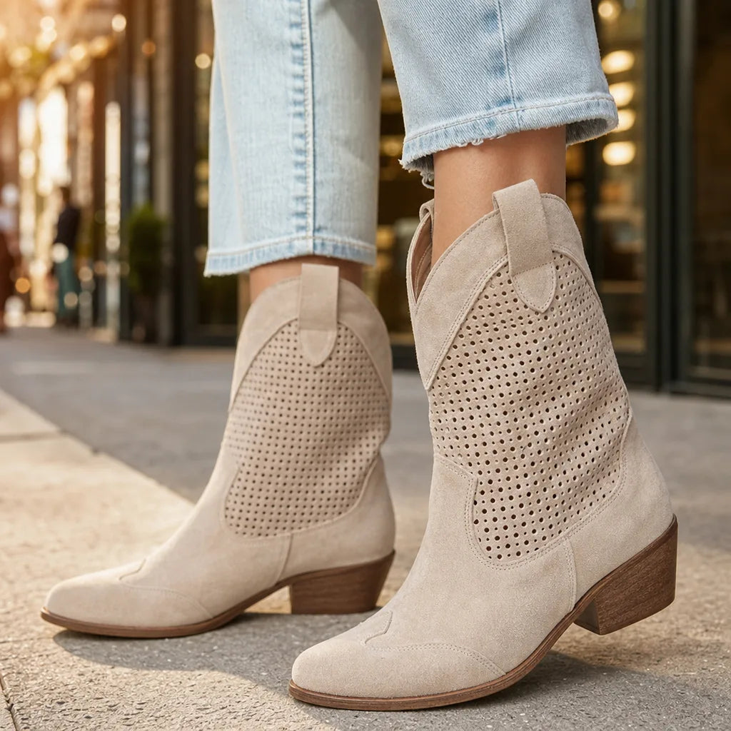 Women's Suede Perforated Mid-Heel Ankle Boots – side view | Hensley London