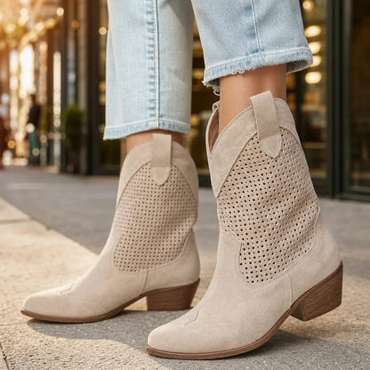 Women's Suede Perforated Mid-Heel Ankle Boots – side view | Hensley London