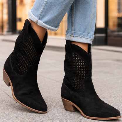 Women's Suede Perforated Mid-Heel Ankle Boots – detail view | Hensley London