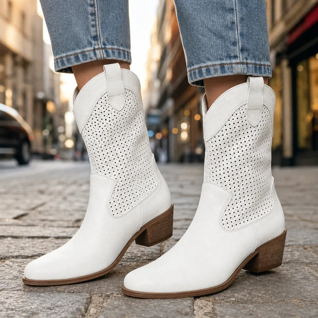 Women's Suede Perforated Mid-Heel Ankle Boots – side zip view | Hensley London