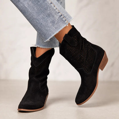 Women's Suede Perforated Mid-Heel Ankle Boots – product view | Hensley London
