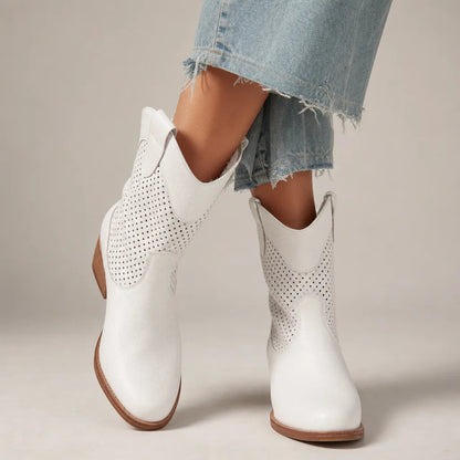 Women's Suede Perforated Mid-Heel Ankle Boots – product view | Hensley London