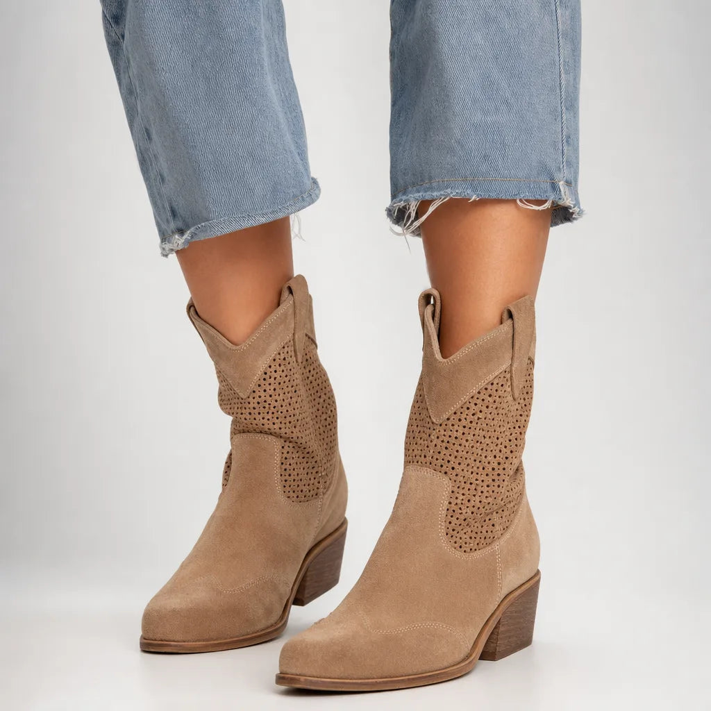 Women's Suede Perforated Mid-Heel Ankle Boots – product view | Hensley London