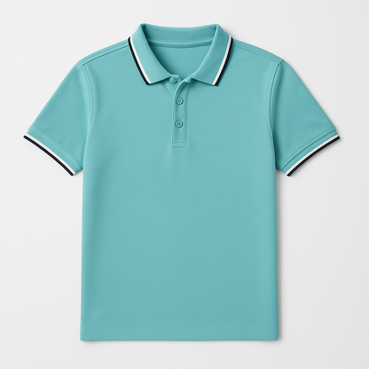 Men's Tipped Collar Polo Shirt in Turquoise Blue – front view | Hensley London