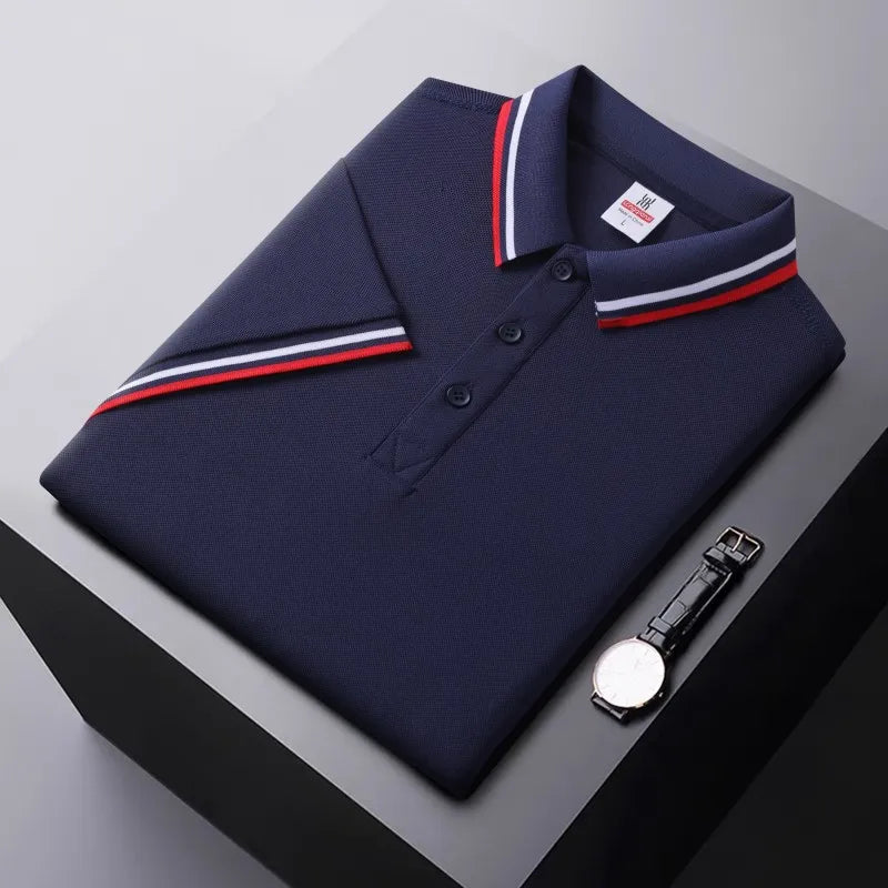 Men's Tipped Collar Polo Shirt in Navy Blue – front view | Hensley London