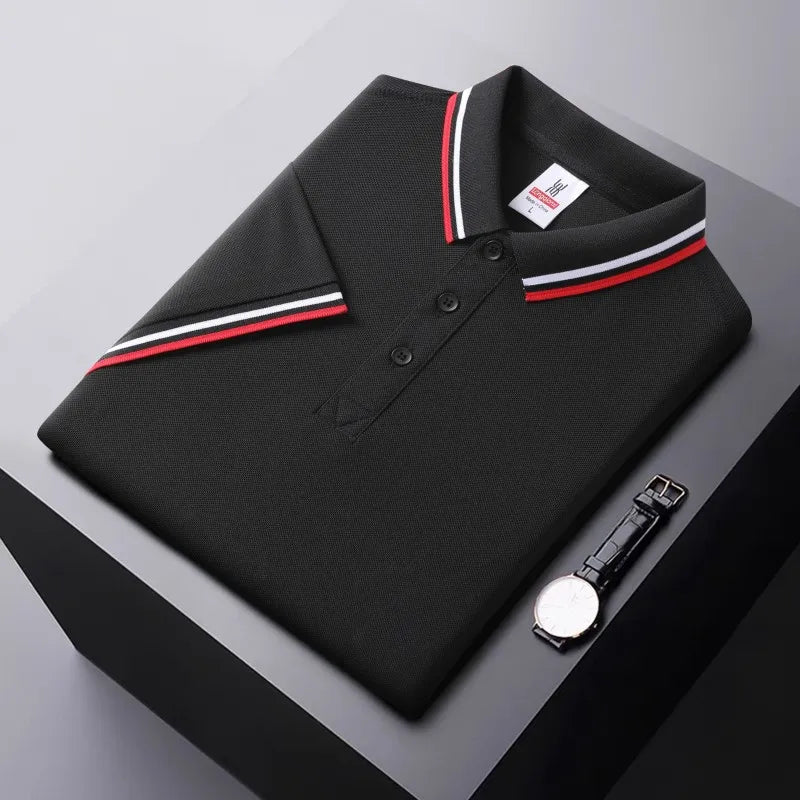 Men's Tipped Collar Polo Shirt in Black – front view | Hensley London