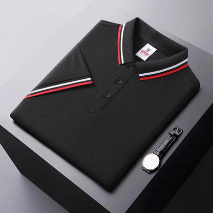Men's Tipped Collar Polo Shirt in Black – front view | Hensley London