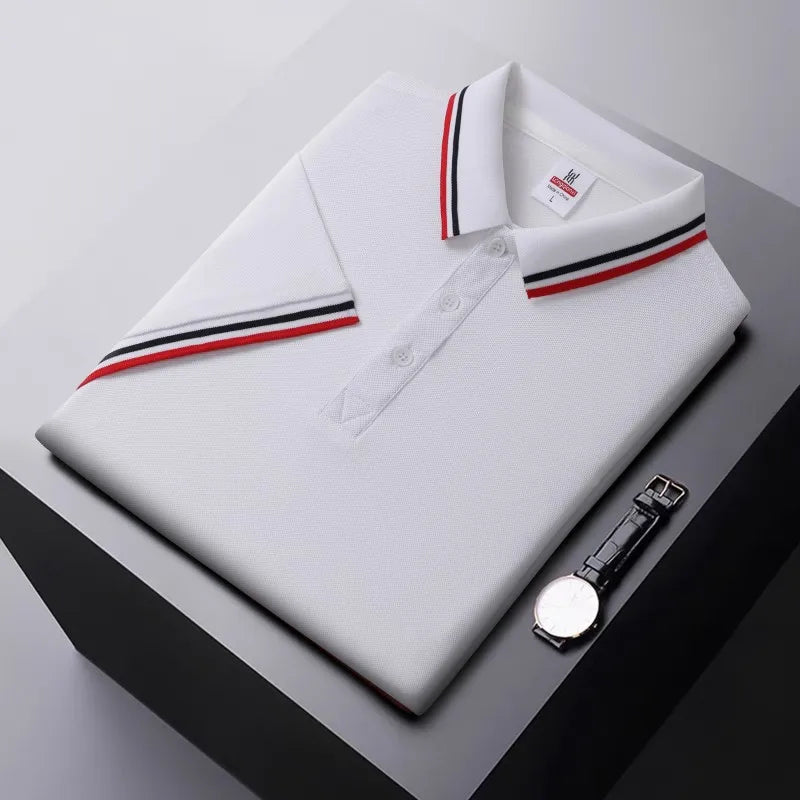 Men's Tipped Collar Polo Shirt in White – front view | Hensley London
