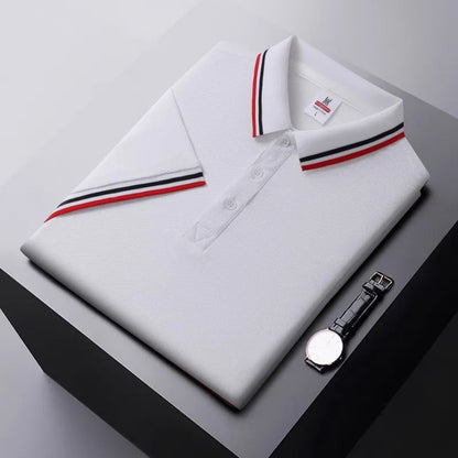 Men's Tipped Collar Polo Shirt in White – front view | Hensley London