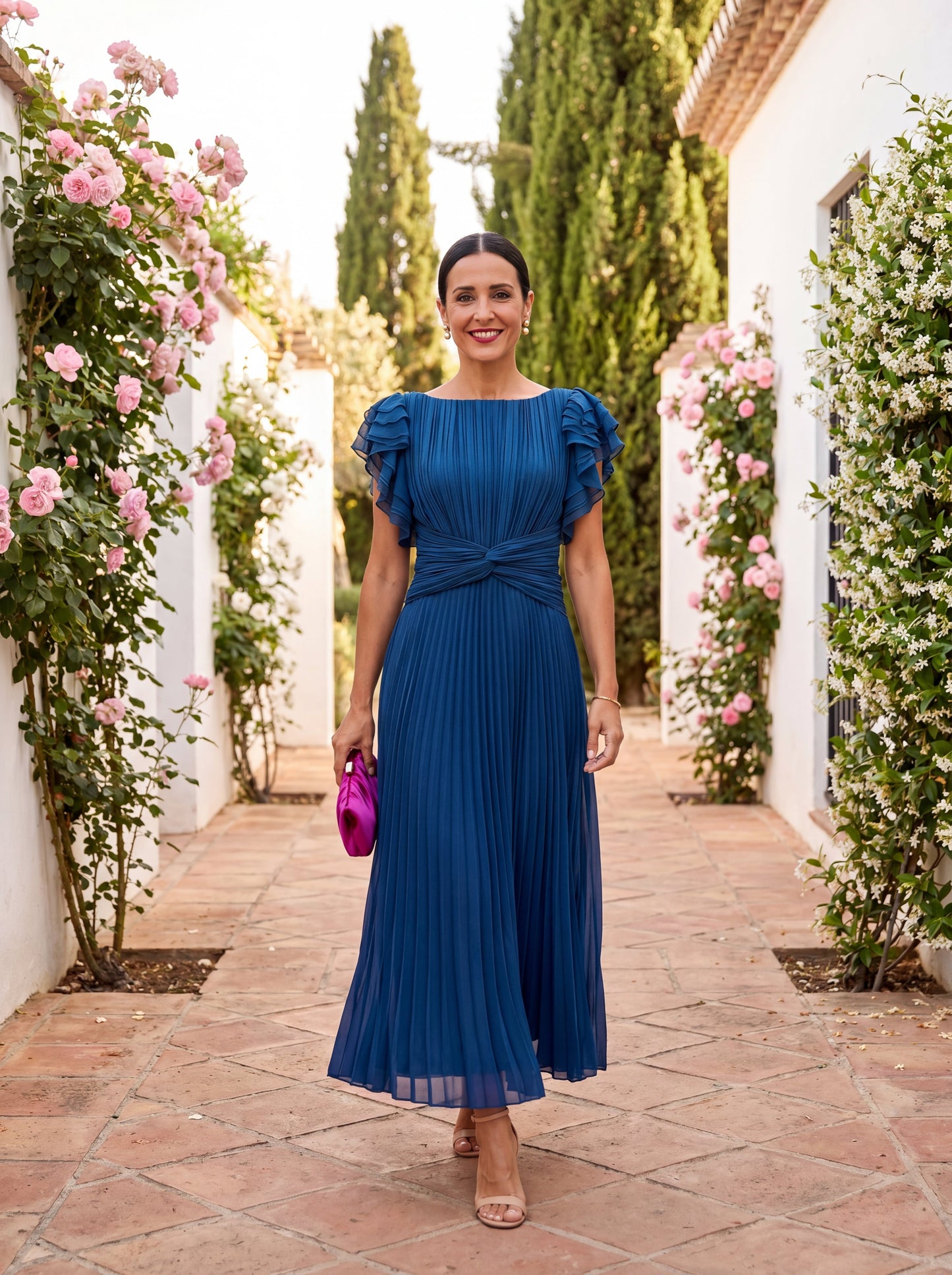 Women's Pleated Evening Maxi Dress – product view | Hensley London
