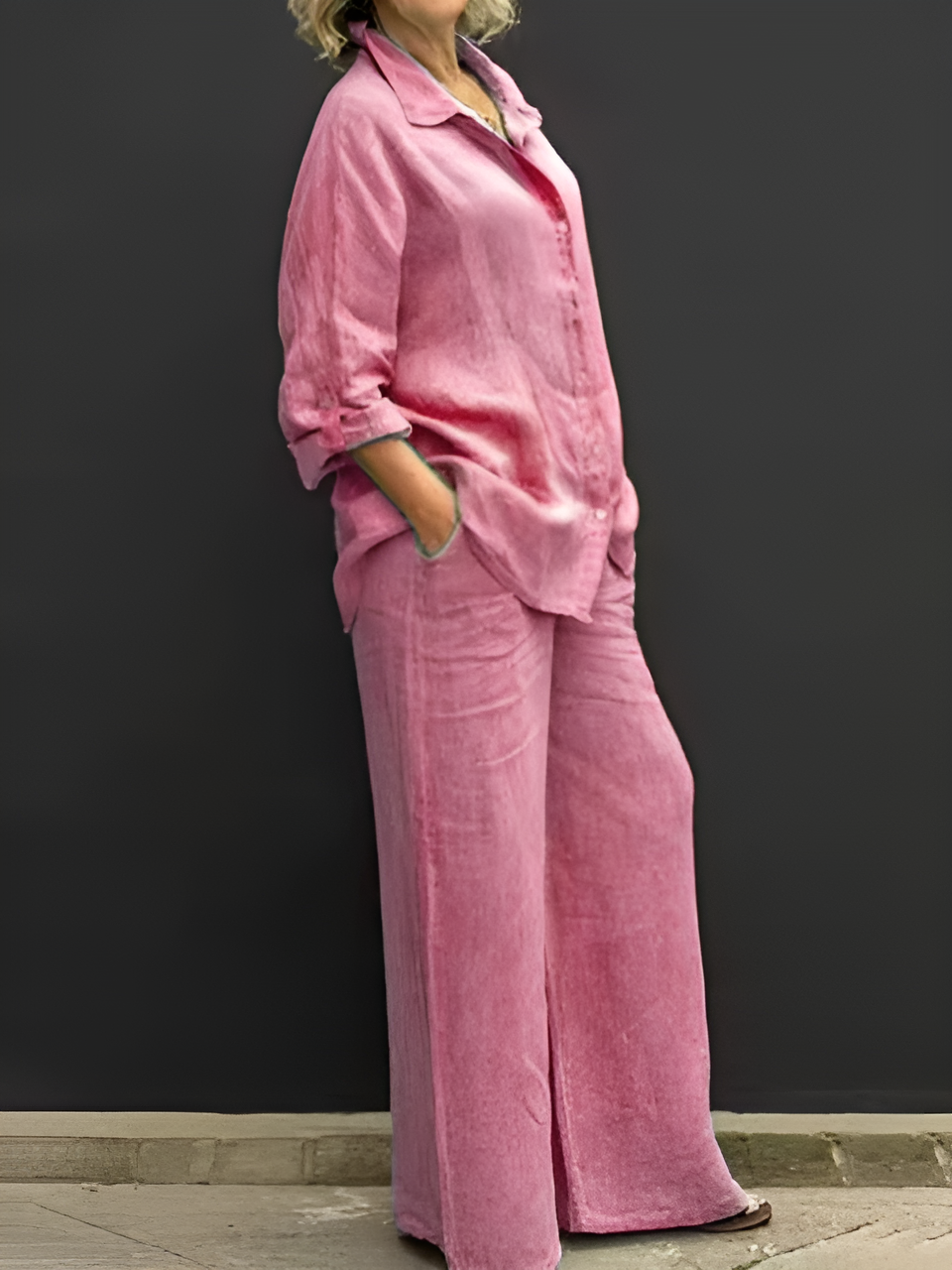 Women's Linen Blend Shirt & Wide-Leg Pants Set in Pink – front view | Hensley London