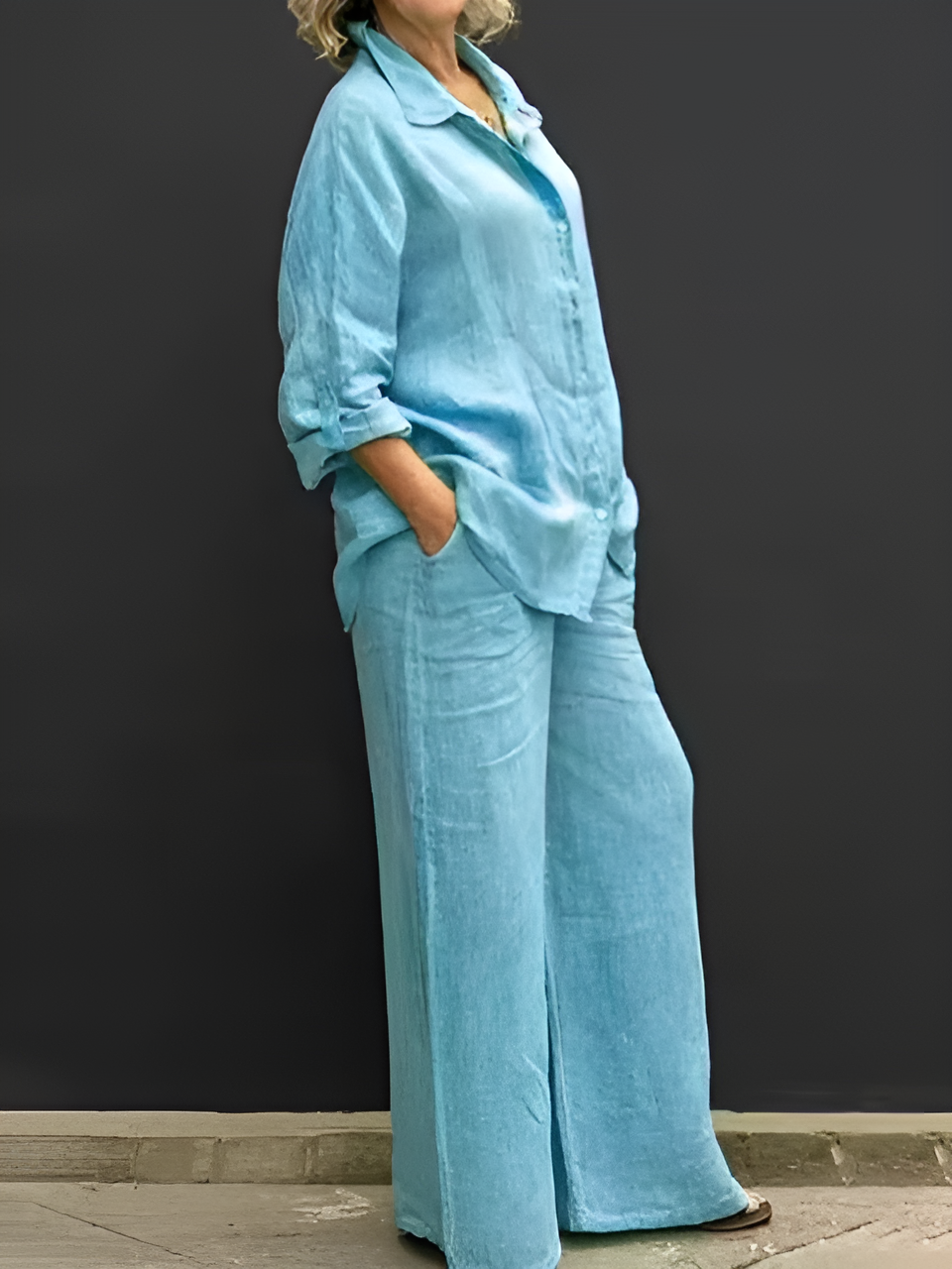 Women's Linen Blend Shirt & Wide-Leg Pants Set in Rose Red – front view | Hensley London