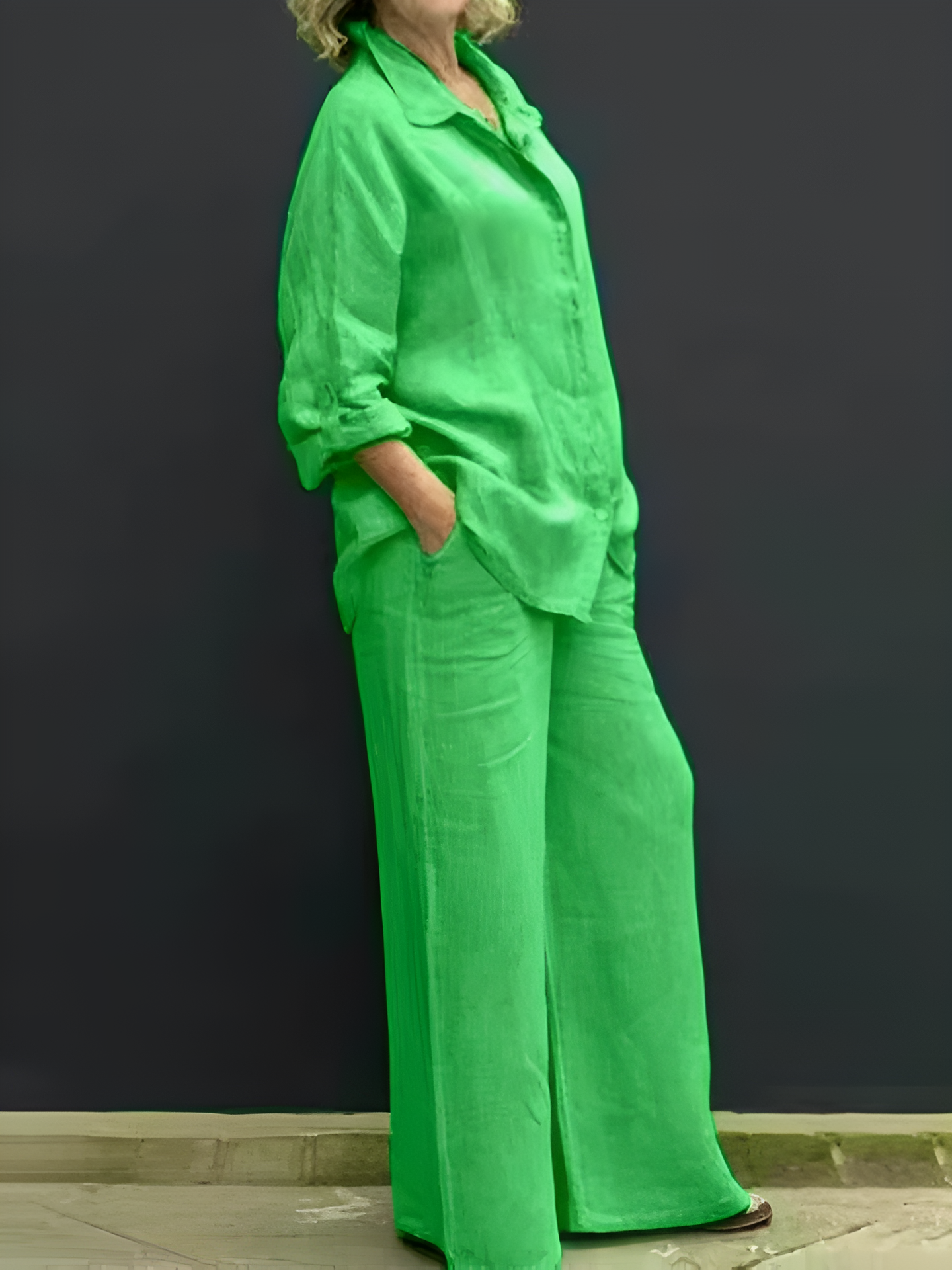 Women's Linen Blend Shirt & Wide-Leg Pants Set in Yellow – front view | Hensley London