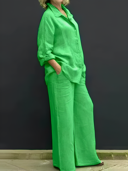 Women's Linen Blend Shirt & Wide-Leg Pants Set in Yellow – front view | Hensley London
