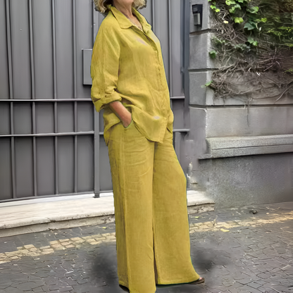 Women's Linen Blend Shirt & Wide-Leg Pants Set in Deep Green – front view | Hensley London