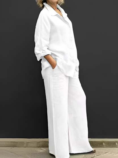 Women's Linen Blend Shirt & Wide-Leg Pants Set in Light Pink – front view | Hensley London