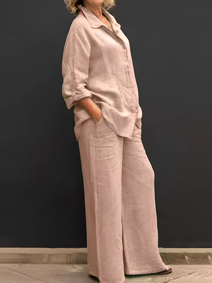 Women's Linen Blend Shirt & Wide-Leg Pants Set – side view | Hensley London