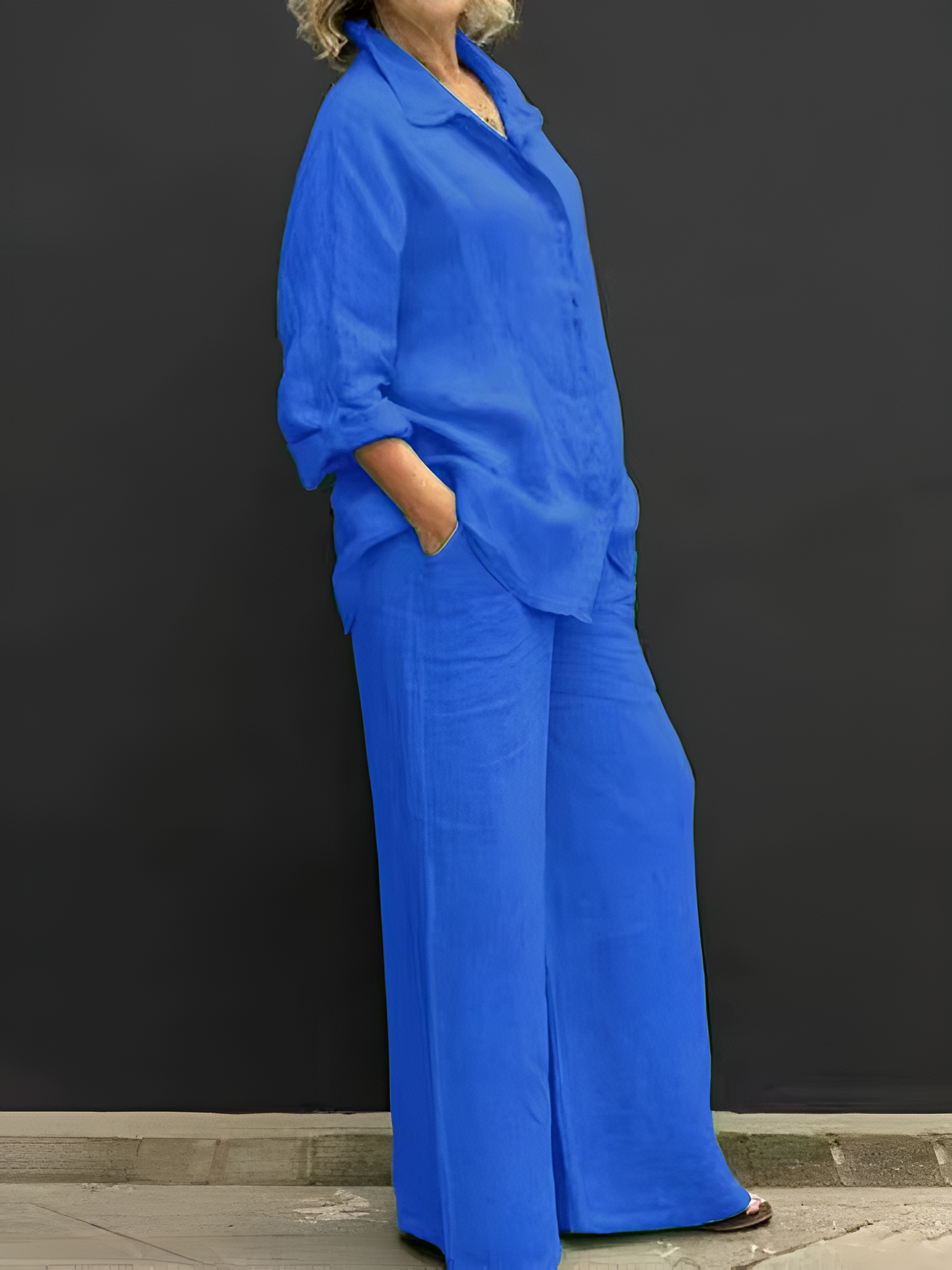 Women's Linen Blend Shirt & Wide-Leg Pants Set – back view | Hensley London