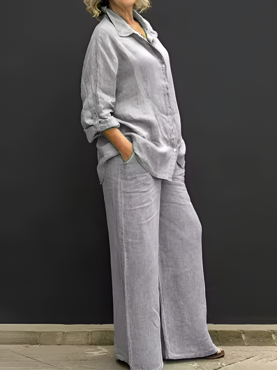 Women's Linen Blend Shirt & Wide-Leg Pants Set – fabric detail | Hensley London