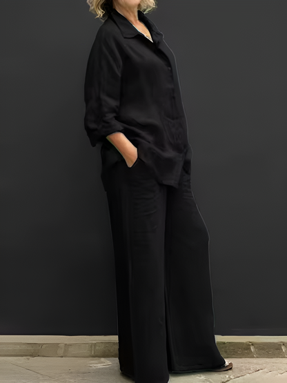 Women's Linen Blend Shirt & Wide-Leg Pants Set – collar detail | Hensley London