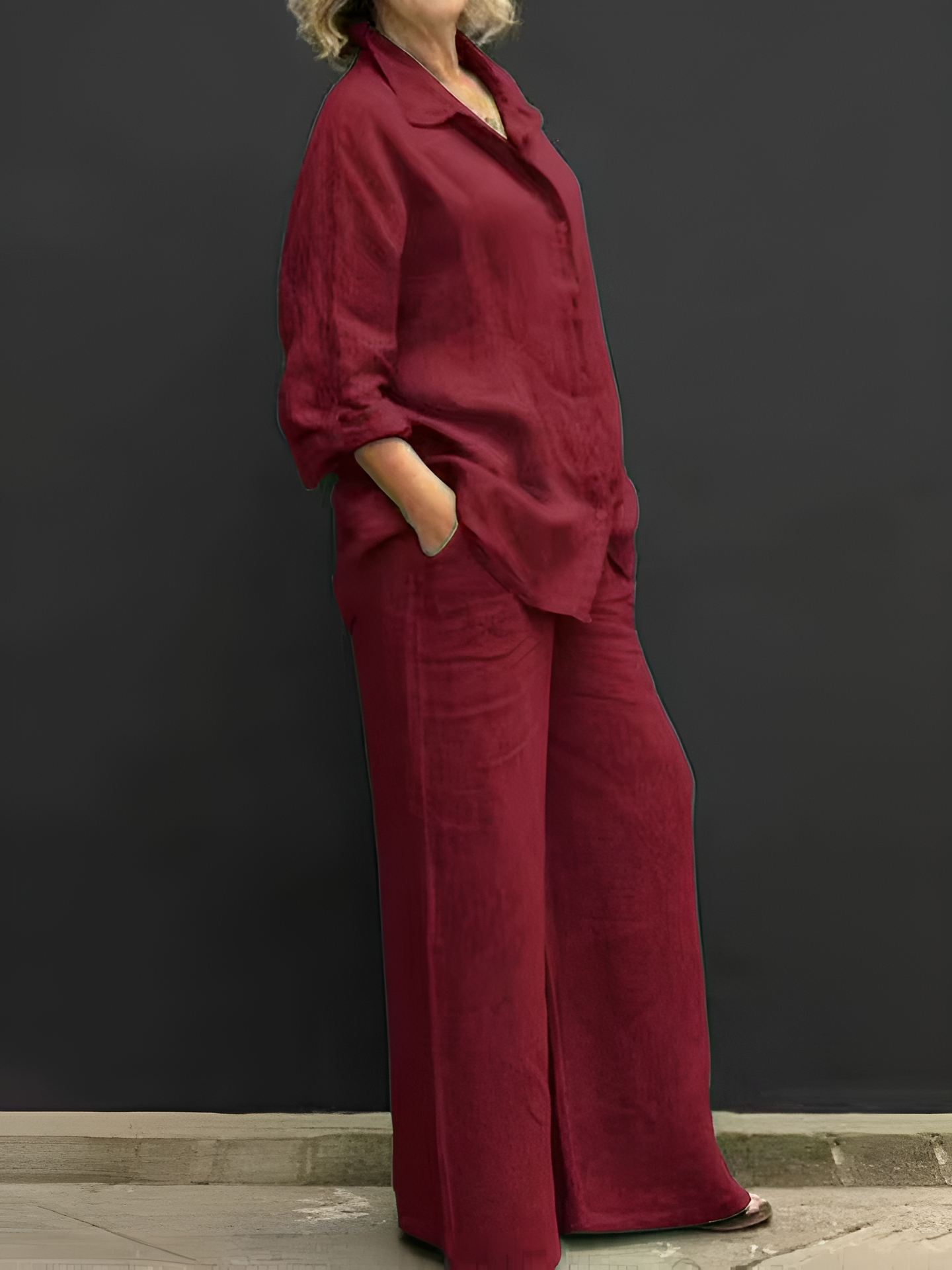 Women's Linen Blend Shirt & Wide-Leg Pants Set – full outfit view | Hensley London