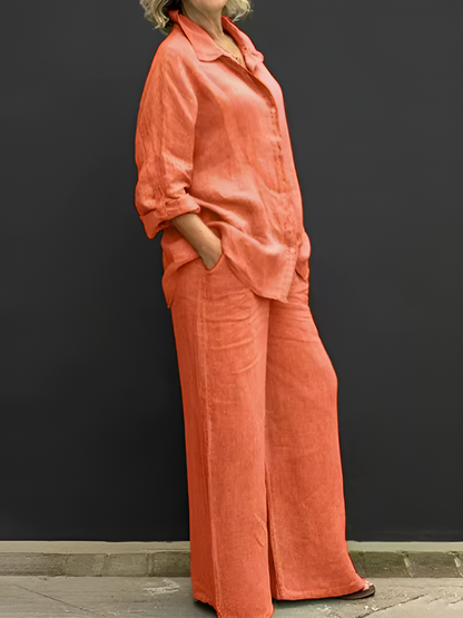 Women's Linen Blend Shirt & Wide-Leg Pants Set in Gray – front view | Hensley London