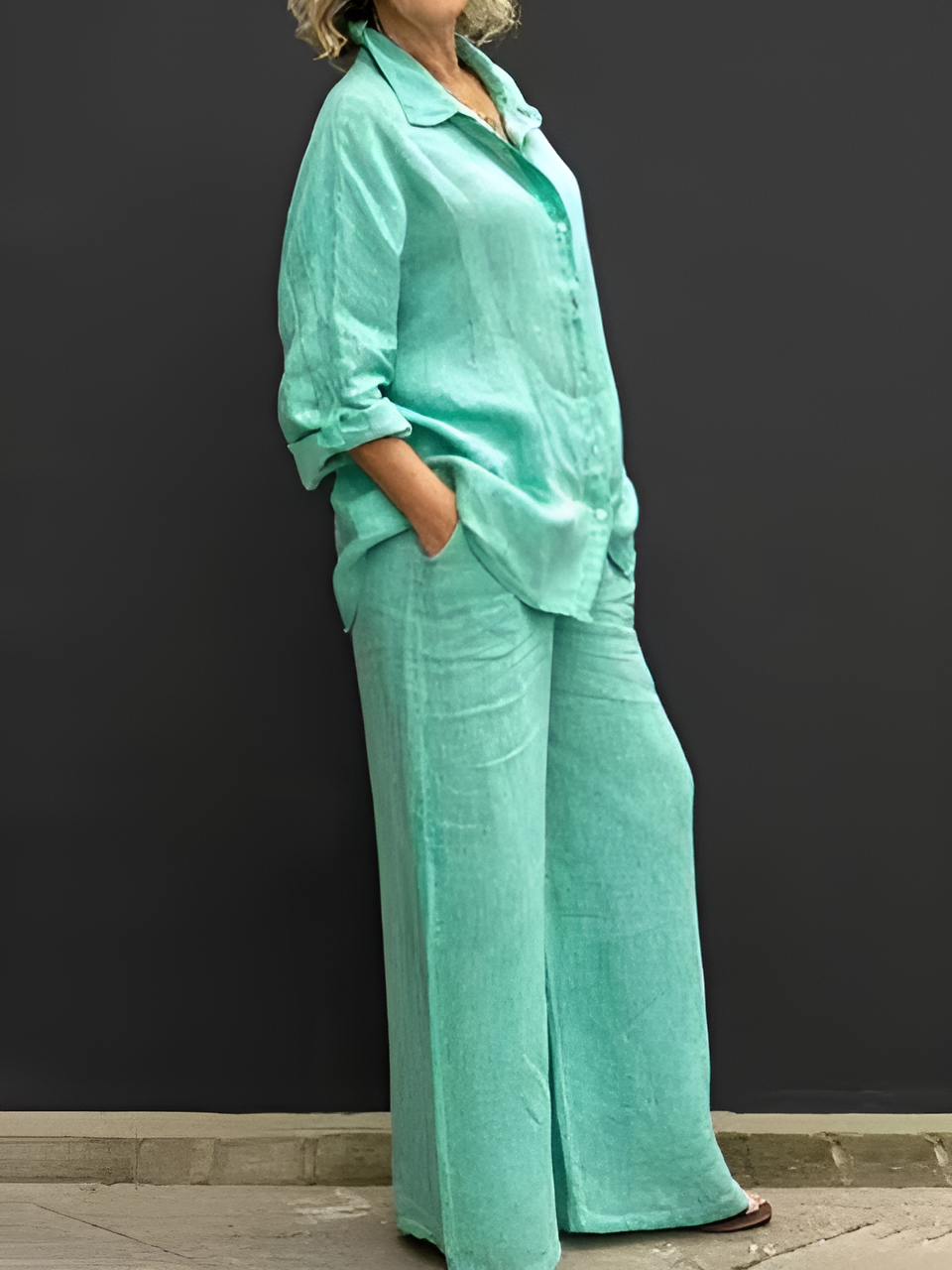 Women's Linen Blend Shirt & Wide-Leg Pants Set in Lake Blue – front view | Hensley London