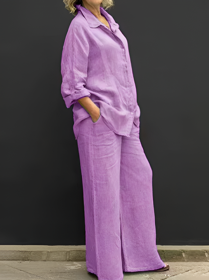Women's Linen Blend Shirt & Wide-Leg Pants Set in Burgundy – front view | Hensley London